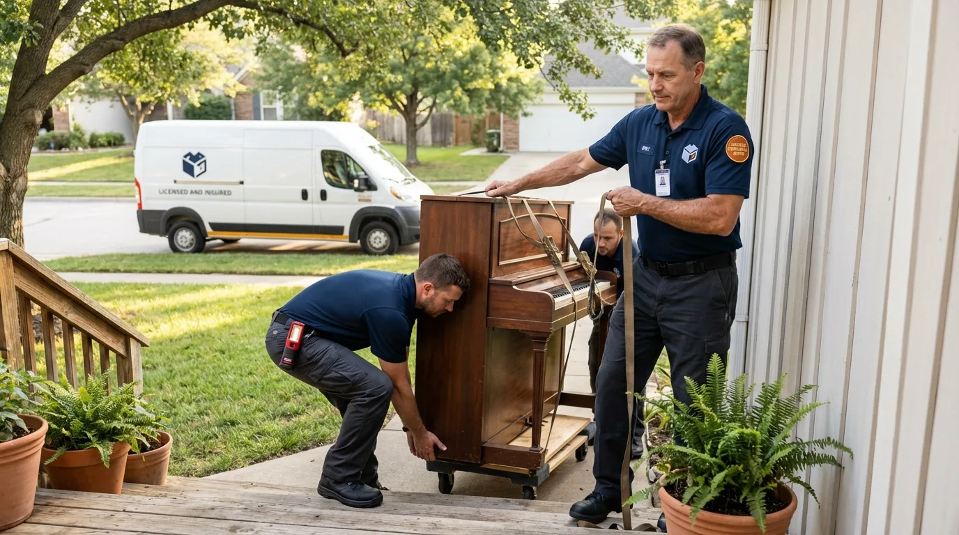 Licensed piano movers securing grand piano in Omak, WA