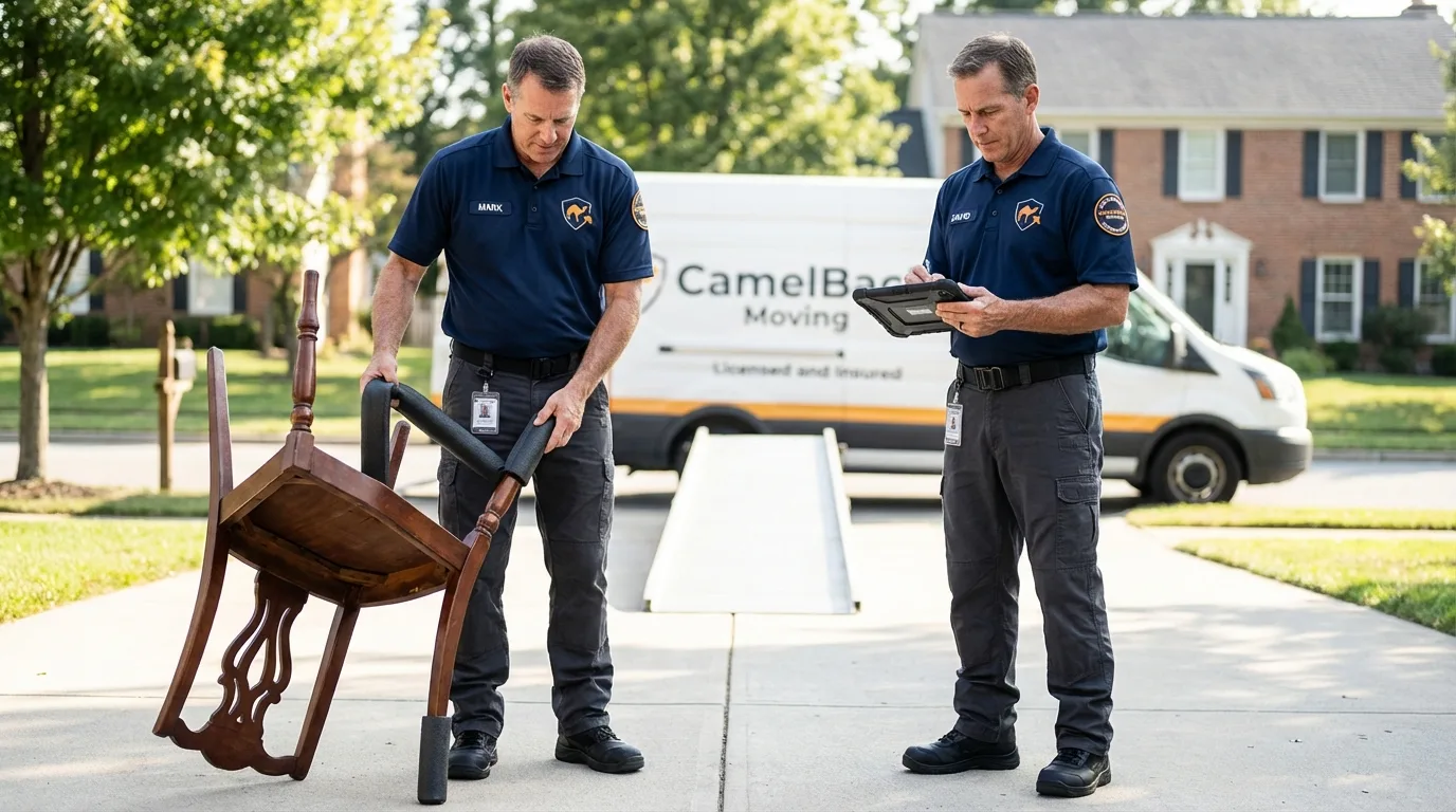Movers inspecting furniture for damage prevention before loading in Omak, WA