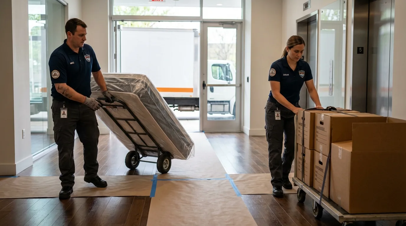 Professional apartment movers loading elevator in Omak, WA